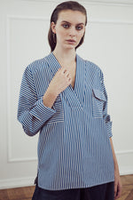 Carica l'immagine nel visualizzatore di Gallery, MIASŌ-DOUBLE-POCKETS-COTTON-SHIRT-camicia-donna-in-cotone-righe-azzurro-bianco