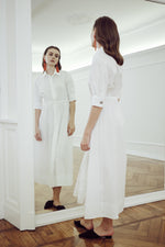 Carica l'immagine nel visualizzatore di Gallery, SCIROCCO-COTTON-DRESS-abito-chemisier-bianco-in-puro-cotone-con-coulisse