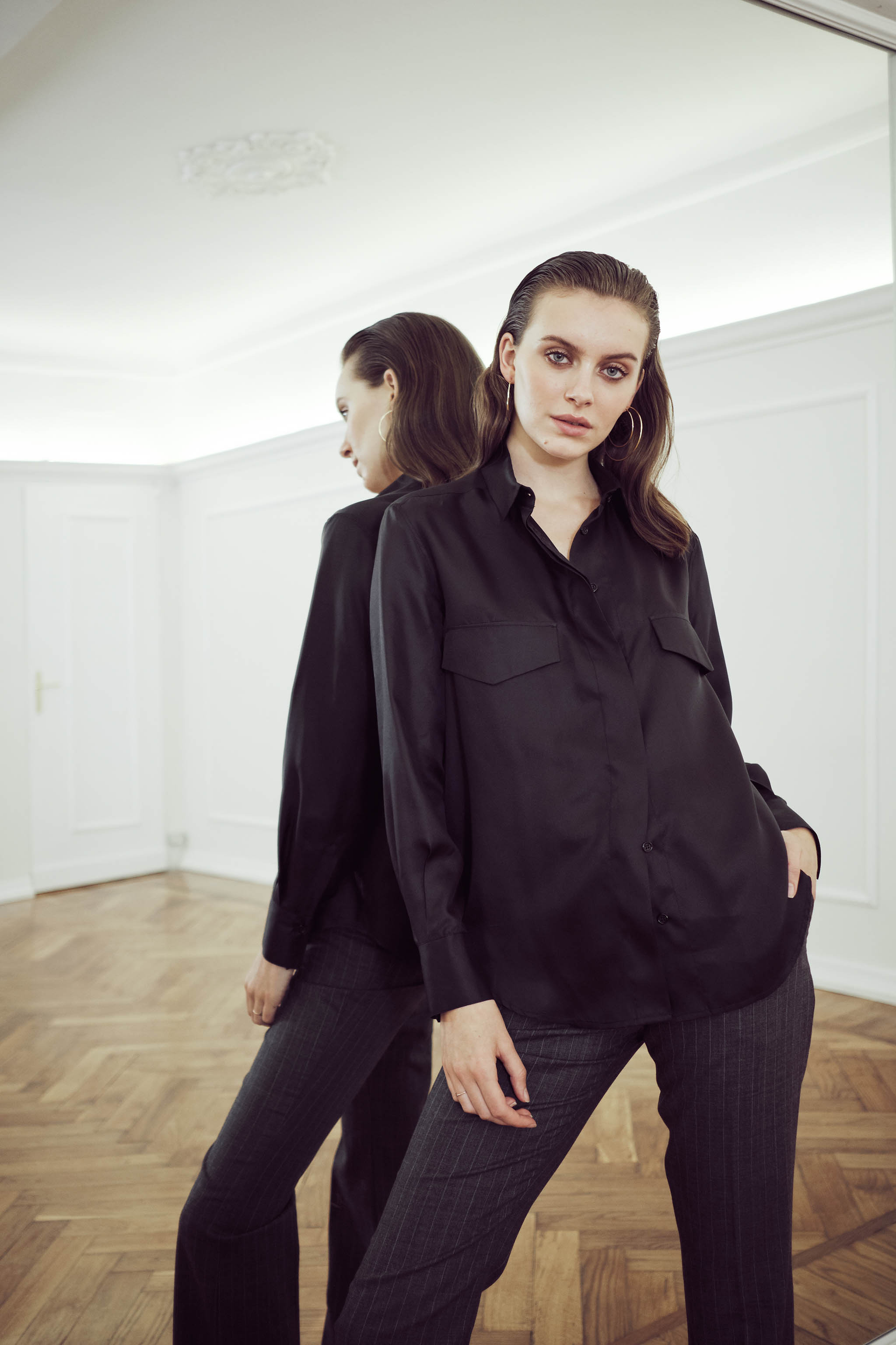 Camicia donna in twill di seta nero miaso